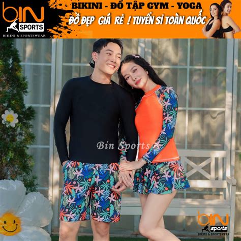 Bikini đồ bơi cặp nam nữ 2 mảnh áo dài tay phủ bụng chống nắng quần
