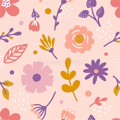 Vector Floral Seamless Pattern In Flat Hand Drawn Style Cute Flowers