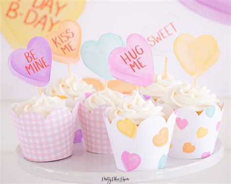 Candy Hearts Cupcake Toppers For Conversation Heart Party Or Valentine Birthday Party Watercolor