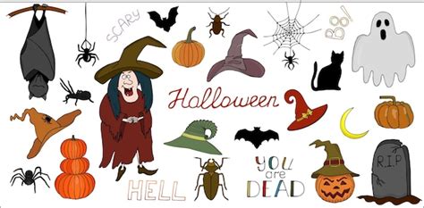 Premium Vector Set Of Colored Halloween Doodles Hand Drawn Halloween Illustration For Decoration