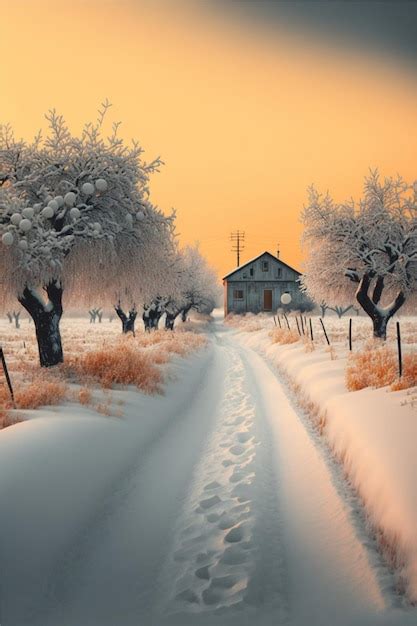 Campo cubierto de nieve con árboles y una casa en la distancia