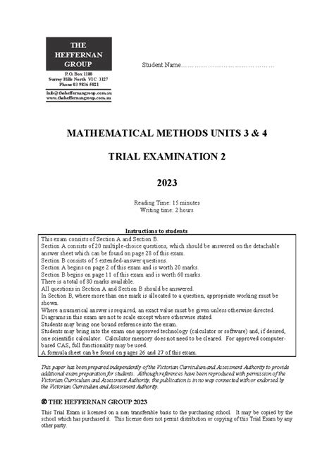 Maths Methods Units Exam Student Name