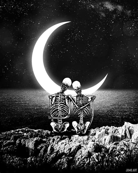 By Your Side Art Print Dark Romantic Skeletons Sea Ocean Crescent