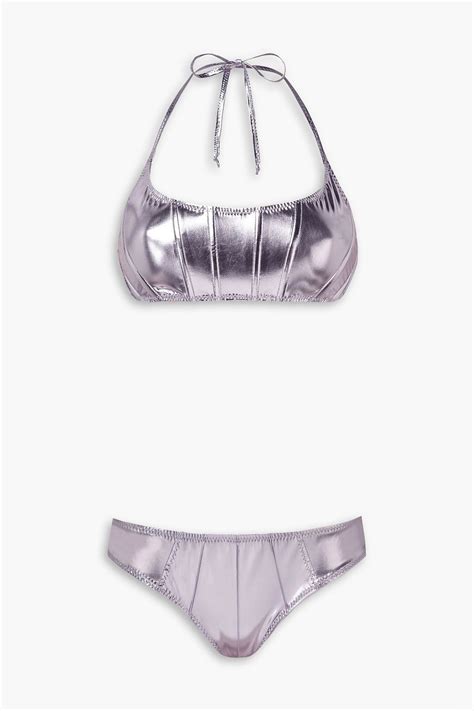 LISA MARIE FERNANDEZ Corset Pintucked Metallic Stretch PVC Halterneck Bikini THE OUTNET