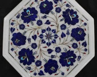 Marble Corner End Table Top Lapis Inlay Semi Precious Stones Pietradura