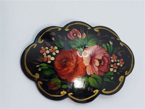 Russian Black Lacquer Scalloped Floral Brooch Artist Gem