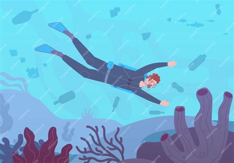Premium Vector Underwater Contamination Diver In Polluted Ocean Dirty