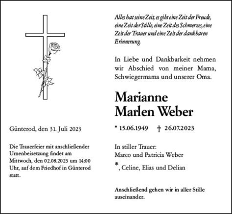 Traueranzeigen Von Marianne Marlen Weber Vrm Trauer De