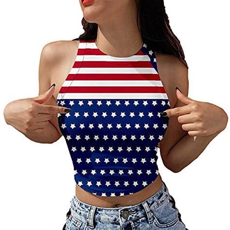 Summer Crop Tops For Women Sleeveless Patriotic Shirts Crewneck Navel Short Vest American Flag