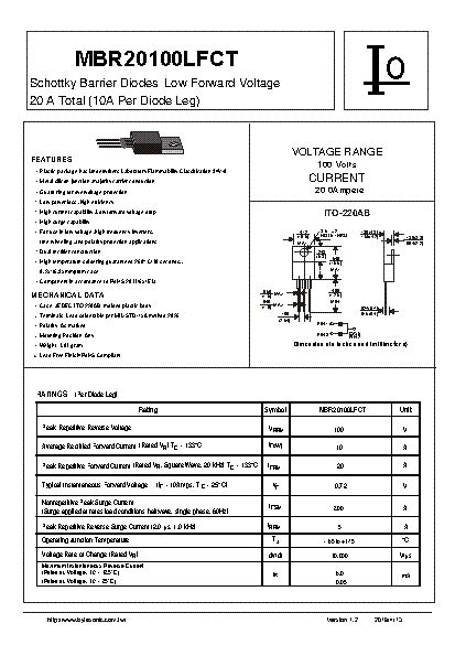 MBR20100LFCT ITO 220AB Datasheet Bridge Rectifier IF A 20 VRRM