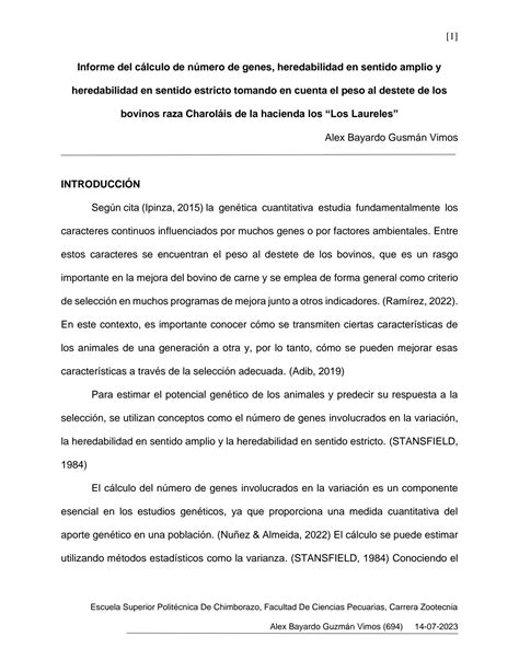 SOLUTION C Lculo De N Mero De Genes Heredabilidad En Sentido Amplio Y