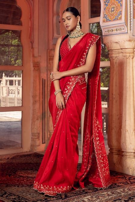 Buy Red Raw Silk And Organza Embroidery Thread V Neck Saree With Blouse