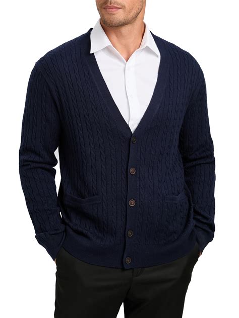 Kallspin Mens Wool Blend V Neck Cable Knit Cardigans Sweaters Navy Blue 2x Large