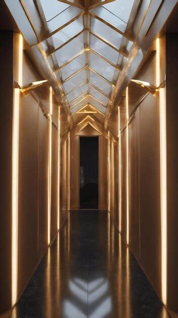 Premium Photo Triangularshaped Futuristic Hallway With Glowing Golden