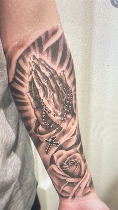 Cross And Praying Hands Tattoo For Men