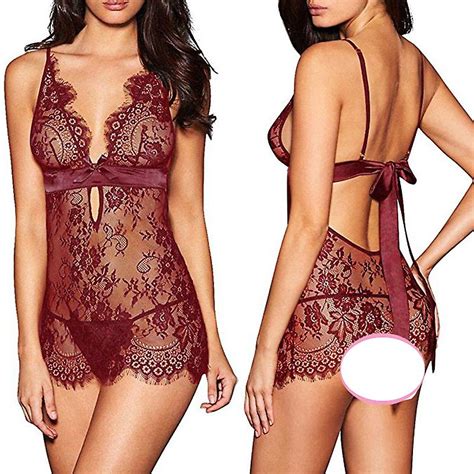 Femmes See Through Lingerie Set Dentelle Babydoll Mini Robe Thong G