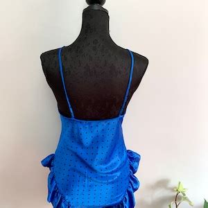 BETTYE Vintage Satin Teddy Royal Blue With Black Polka Dots Ruffled Glam Lingerie Onesie