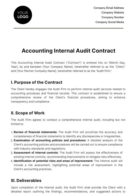 Free Accounting Internal Audit Contract Template Edit Online