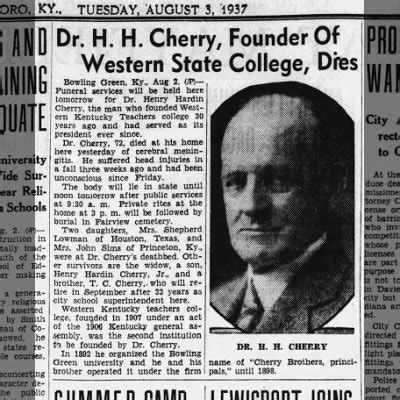 Cherry dies Wife not at bedside The Messenger Owensboro 03 Aug 1937 - Newspapers.com™