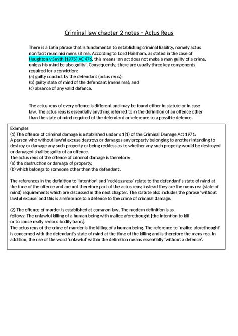 Criminal Law Chapter 2 Notes Actus Reus Criminal Law Chapter 2 Notes