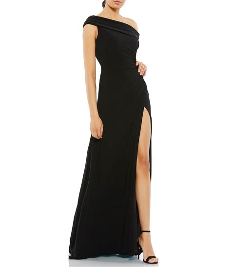 Mac Duggal One Shoulder Cap Sleeve Ruched Thigh High Slit Faux Wrap