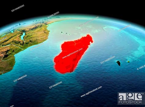 Morning Above Madagascar Highlighted In Red On Model Of Planet Earth In