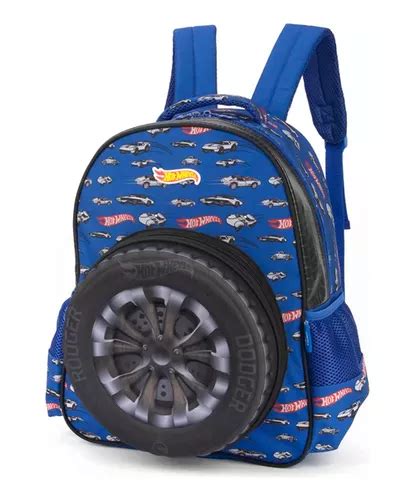 Mochila Escolar Costas Hot Wheels Pneu Azul Infantil Carro Frete Gr Tis