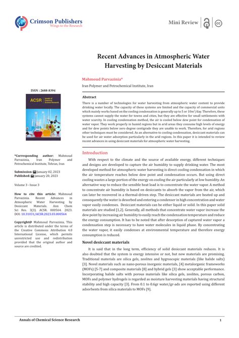 PDF Recent Advances In Atmospheric Water Harvesting By Desiccant