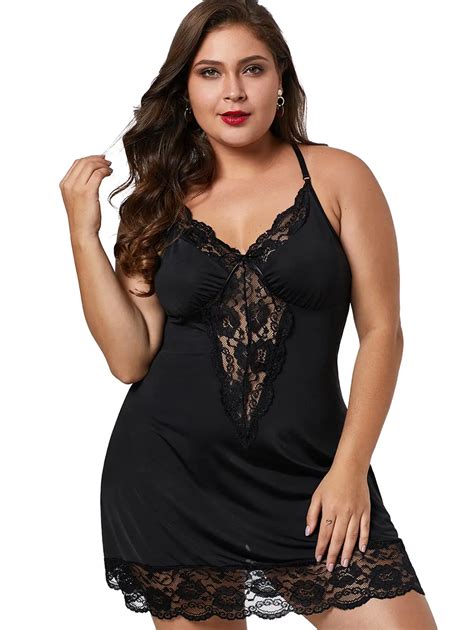 Wipalo Women Sexy Plus Size See Through Lace Panel Tunic Mini Dress