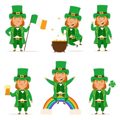 Premium Vector St Patricks Day Set Of Happy Leprechauns With Red