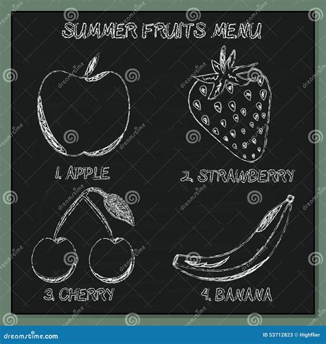 Set Of Summer Fruits Menu Hand Sketched Element On Chalkboard Stock