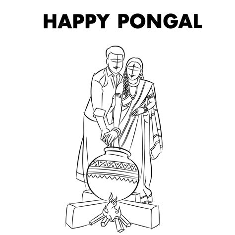 Premium Vector | Indian couple celebrating pongal festival vector line ...