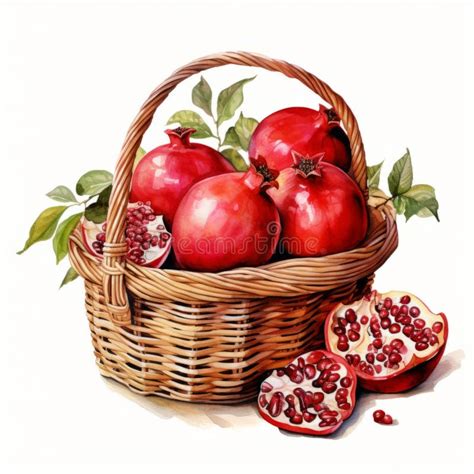 Juicy Pomegranates In Basket Realistic Watercolor Illustration Stock