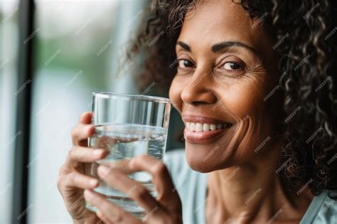 Premium Photo A Black Middleaged Woman Holds A Glass Of Clear Water