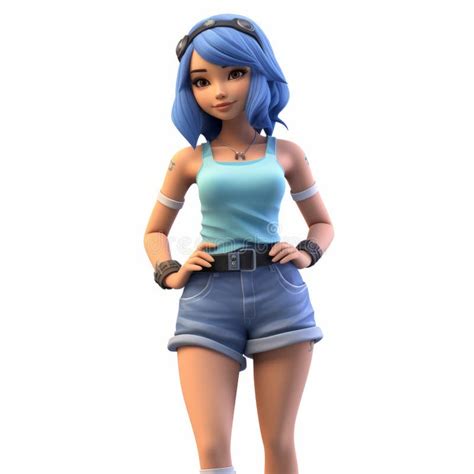 Realistic Cartoon Sculpture Of Jennifer With Blue Hair And Shorts Stock