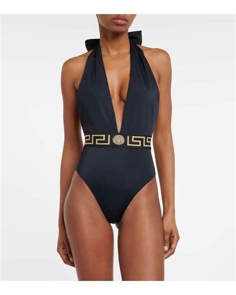 Versace Greca Halterneck Swimsuit In Blue Lyst