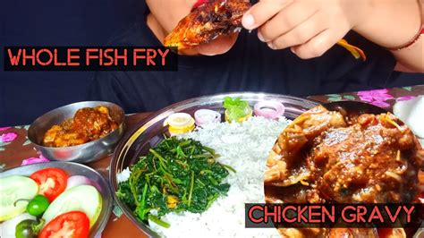 ASMR FISH FRY CHICKEN GRAVY SAAG WITH PLAIN RICE FOOD EATING VIDEOS