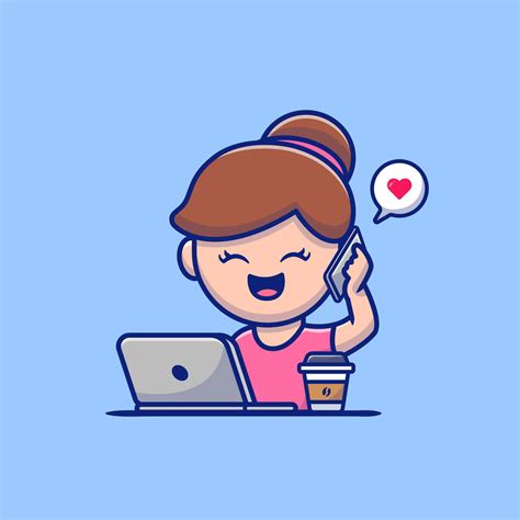 Girl Operating Laptop And Calling By Phone Cartoon Vector Icon Illustration. People Technology