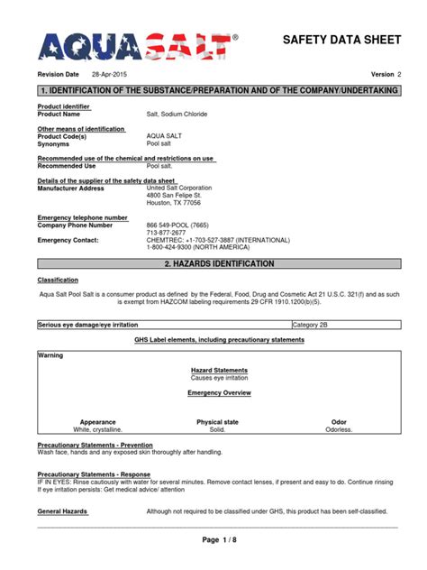 Msds Aquasalt Pdf Personal Protective Equipment Toxicity