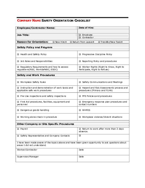 Safety Orientation Checklist Template New Employee Safety Orientation