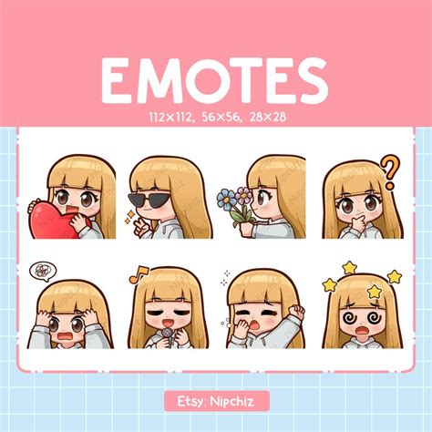 Kawaii Chibi Girl Emotes 8 Cute Emotes For Streaming Straight Blonde Hair With Bangs Brown