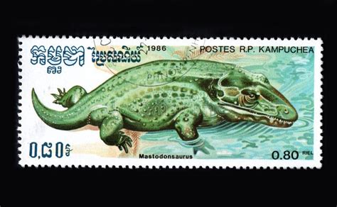 Cambodian Postage Stamp Dedicated To Mastodonsaurus Dinosaur On Postal