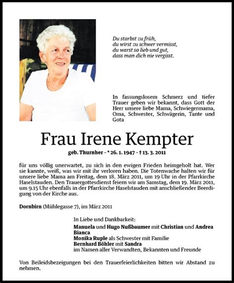 Todesanzeigen Von Irene Kempter Todesanzeigen Vorarlberger Nachrichten