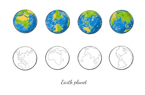 Dibujado A Mano Del Planeta Tierra En Diferentes Vistas Variantes De