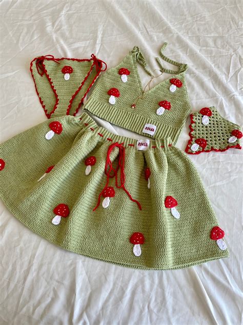 Leilayca Mushroom Swimming Suit Crochet Bralet Mushroom Embroidered Crochet Swimming Bikini