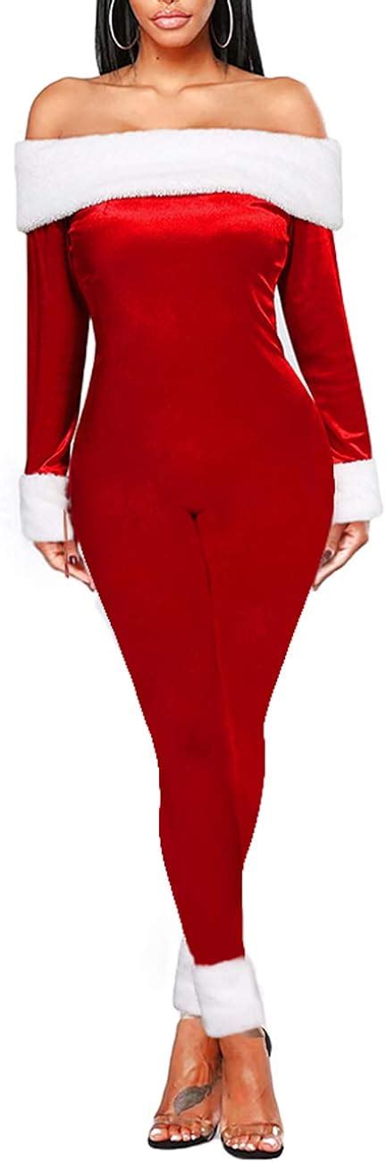 N D Womens Christmas Jumpsuit Pajamas Sexy Off Shoulder Velvet