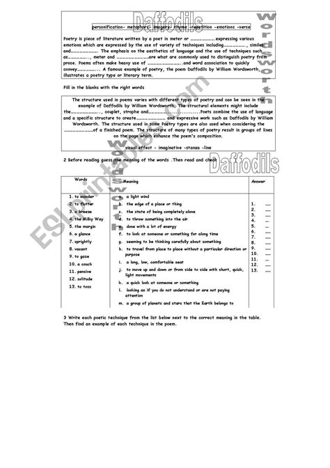 The Daffodils By W Wordsworth Esl Worksheet By Daddou