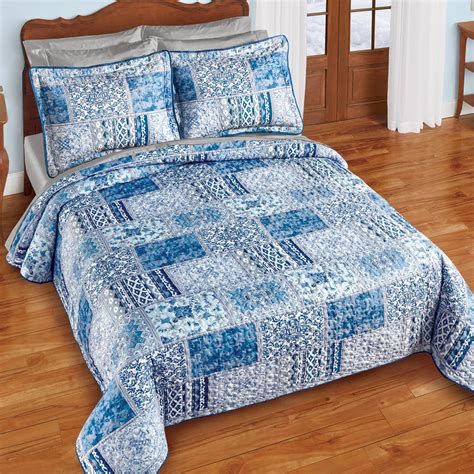 Multi-Design Blue Patchwork Reversible Quilt | Collections Etc.