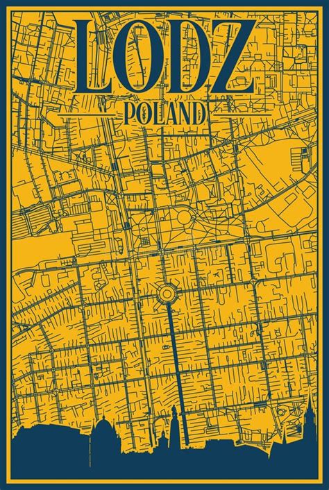 Hand Drawn City Road Network And Skyline Poster Of The Downtown Lodz