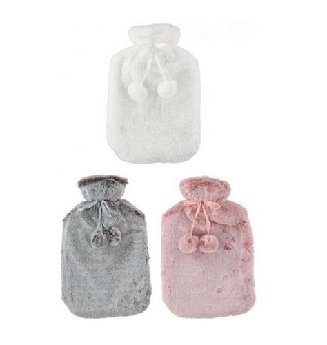 Large 2L Rubber Hot Water Bottle With Warm Faux Fur Fluffy Plush Pom Pom Cover